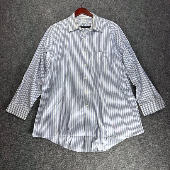 Brooks Brothers Shirt Mens 17.5 Slim Fit Non Iron Blue White Stripe Cotton Pocke - Picture 1 of 8